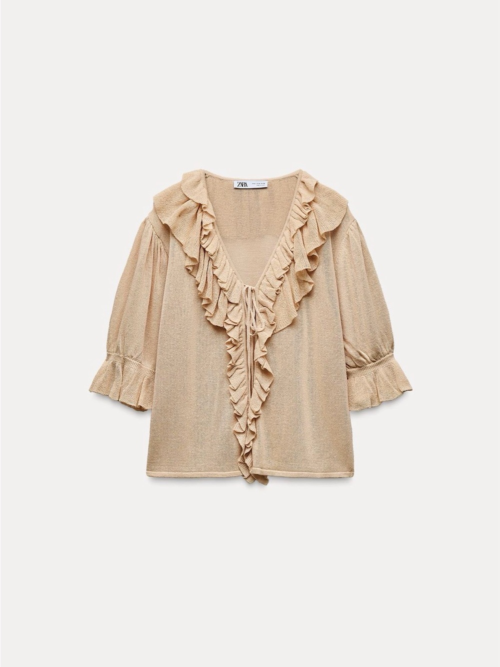 Zara Beige Ruffle Open-Front Cardigan